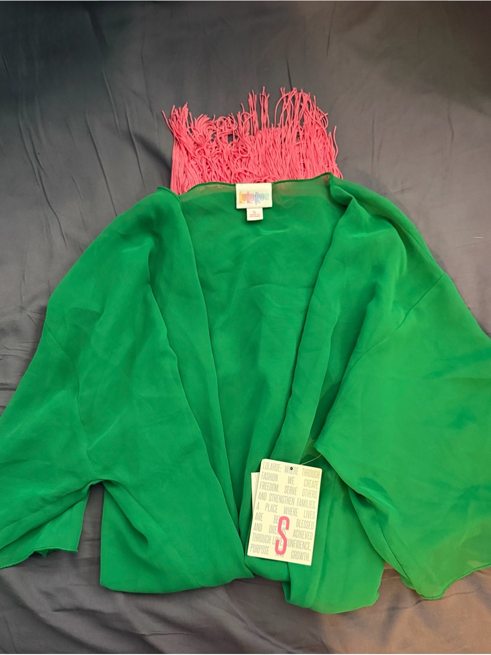 LuLaRoe Bright Green Kimono with Pink Fringe